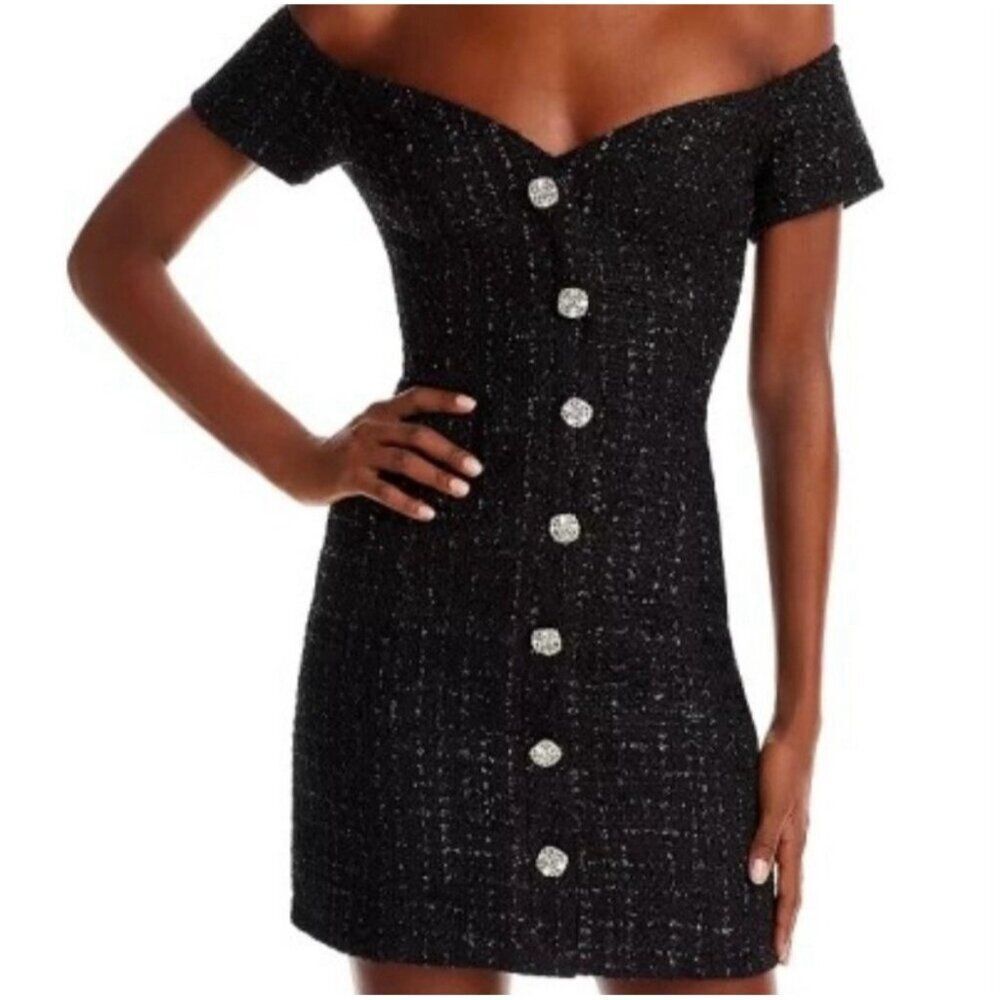 Aqua Black Off-Shoulder Mini Dress with Decorative Buttons